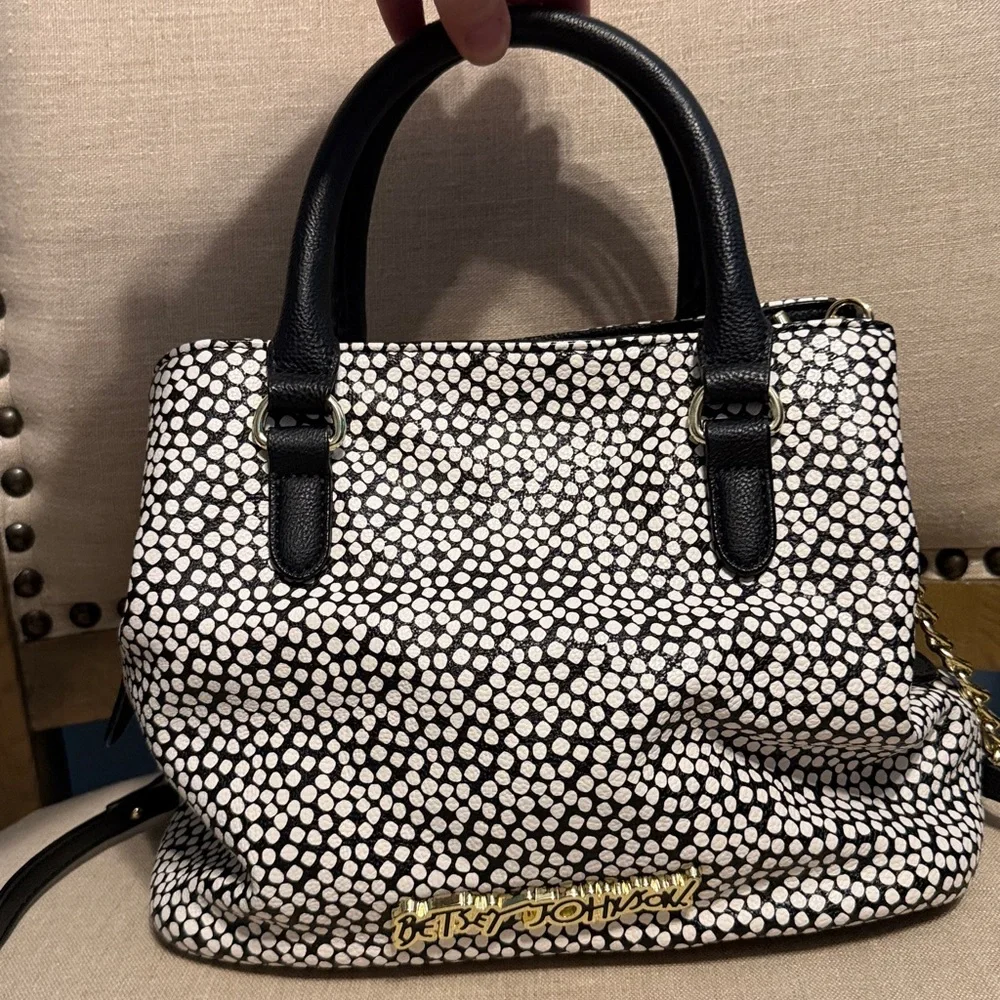 Betsey Johnson Black & White Pebble Satchel with Pink Bow